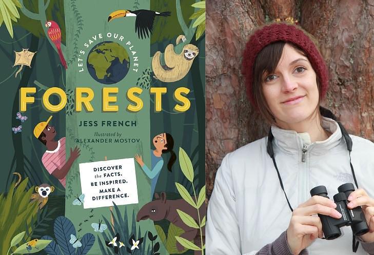 Collage of Jess French holding binoculars and the cover of Let's Save Our Planet: Forest by Jess French and Alexander Mostov